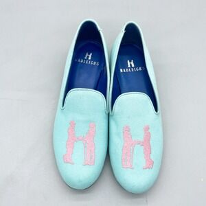 Hadleighs Womens 36.5 6.5 Signature Slipper Loafers Aqua Pink Logo Slip On Flats